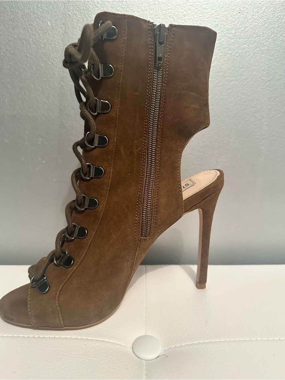 Steve Madden Suede Lace-Up Peep Toe Stiletto Bootie - Brown